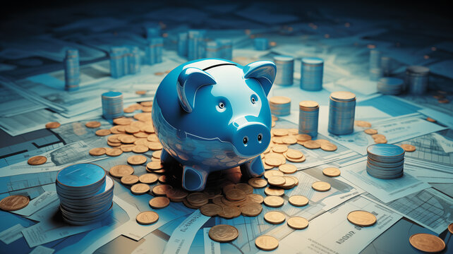 Blue Piggy Bank On A Game Board, Surrounded By Coins. Financial And Money Deposit Concept