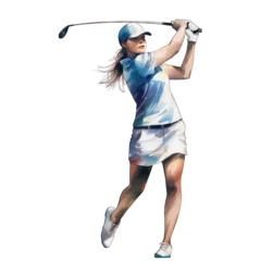 Poster Woman - golfer hitting ball and swinging with golf club. Isolated transparent background © MelissaMN