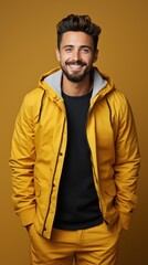 Obraz premium Smiling young man in yellow jacket looking at camera isolated on yellow, vertical.