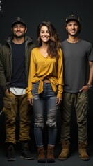 Stylish young three millenial people in casual clothes posing in studio, full length portrait.