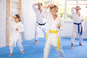 Parents with children athletes starting position and studying repeating sequence of punches and...