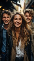 Vertical portrait of a group of young friends smiling at the camera while walking in the city.