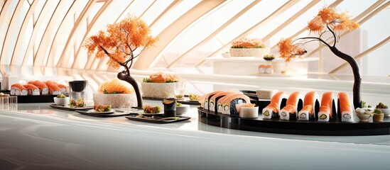 In a stylish white and black restaurant inspired by Japanese cuisine, an Asian gourmet food experience awaits, where healthy sushi, rice, and delicious seafood like salmon are served for a nourishing