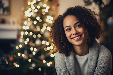 mujer joven morena sonriente con fondo desenfocado de salón decorado con árbol de navidad  - obrazy, fototapety, plakaty