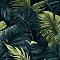 Exquisite seamless pattern of green tropical leaves monstera, banana tree, palm on a dark backdrop
