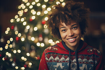 mujer joven morena sonriente con jarsey de navidad y fondo desenfocado de árbol de navidad y luces navideñas  - obrazy, fototapety, plakaty