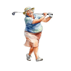 Senior woman with golf club, swinging, isolated on white background - obrazy, fototapety, plakaty