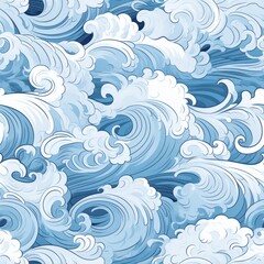 Seamless pattern with hand drawn waves and curls on backgrounds of solid white and light blue colors