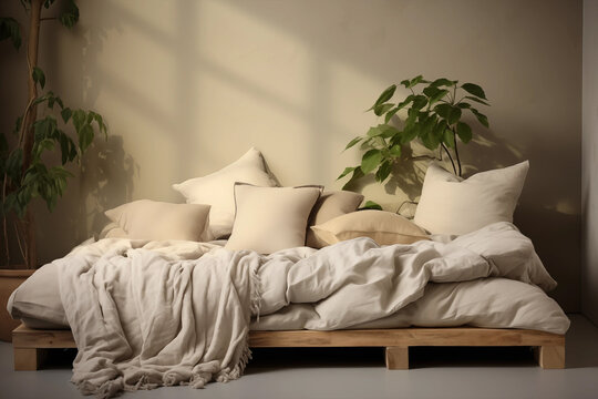 A simple bed made of a mattress on a wooden pallet, pillows, a blanket, and a blanket made of natural fabrics, green plants in pots near a beige wall with sunlight, concrete floor.