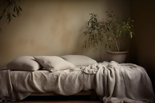 A simple couch with a mattress on a wooden pallet, pillows, a sheet and a blanket made of natural linen, and a terracotta wall with a house plant in a clay pot.