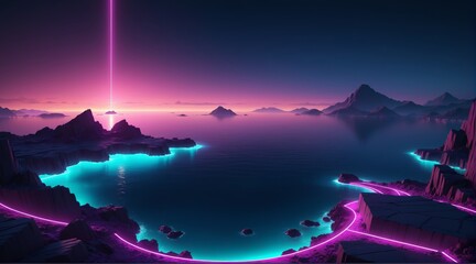 A Futuristic Landscape: Majestic Mountains and Tranquil Lake in the Technological Era - Powered by Adobe