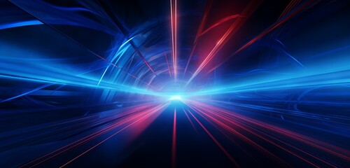 Neon lights, a tunnel, a hallway, red laser beams, and smoke are all on a blue abstract background. Mild arch. Blue abstraction with neon, rays, and lines.