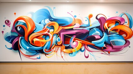 A graffiti-inspired design on an epoxy coated wall with vibrant colors and abstract symbols.