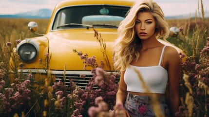 blond female model, leaning against an abandoned vintage car, surrounded by a vibrant field of wildflowers, 16:9 - obrazy, fototapety, plakaty