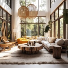 Interior of Boho Style Living Room with Wooden Chandelier and Wooden Decorations. Sofa, Coffee Table and Plants. Unique Boho Style Living Room in a House.