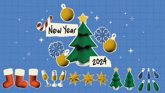New Year stickers in a trendy halftone style for collages, including stars, Christmas tree, Christmas candy cane, Christmas ornaments, Christmas socks, Champagne glasses, snowflakes.