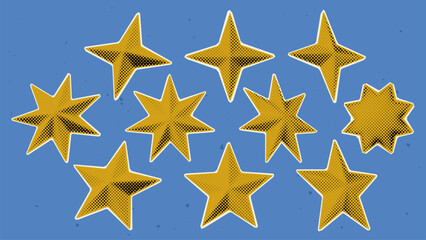 Fototapeta premium Set of trendy stickers in a halftone style for collages, including different golden yellow stars.