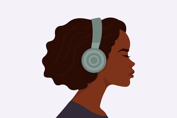 Girl listens to music in headphones. Profile of a young African woman. Podcast, audiobook, radio, meditation concept. Vector flat illustration