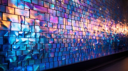 A high-gloss epoxy coated wall with a mosaic pattern of iridescent glass tiles.