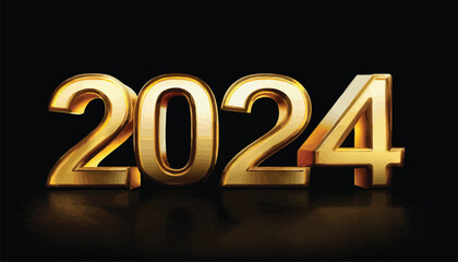 New Year 2024 3d golden shiny numbers for calendar on black background.