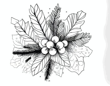 Winter floral botanical black line art bouquet. Christmas holly jolly, fir branches leaves line art hand drawn