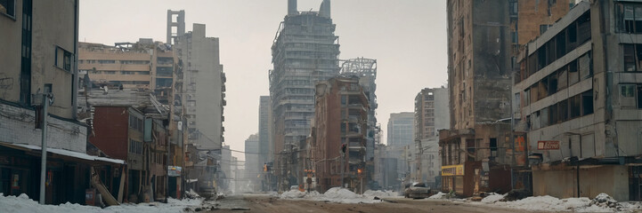 A winter scene in a post-apocalyptic city with snow-covered streets flanked by dilapidated buildings, hinting at a desolate, frozen silence. Post-apocalyptic urban expanse.