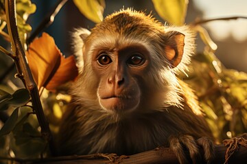 Cute portrait of squirrel monkey in amazon jungle forest. Beautiful portrait of capuchin wild monkey sitting on tree in jungle