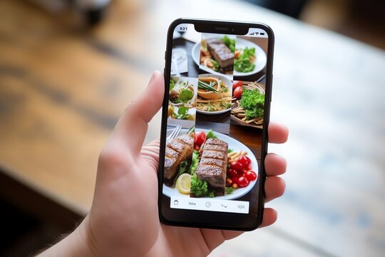 a hand holding a cell phone with a screen showing food
