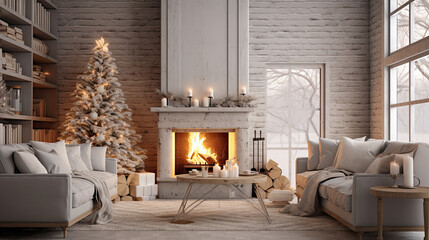 salón con decoración clásica tipo escandinava en tonos claros beige decorado con árbol de navidad y chimenea encendida - obrazy, fototapety, plakaty