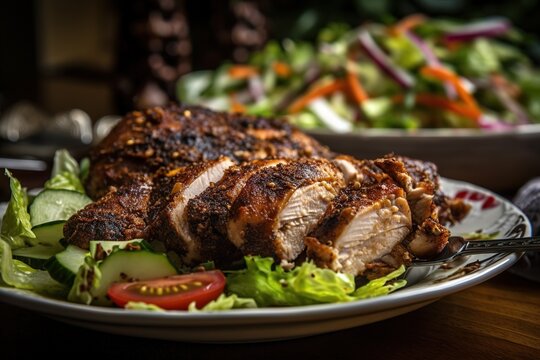Gebratene H&auml;hnchenbrust auf Salat. Teller mit frischer, aufgeschnittener H&auml;hnchenbrust.