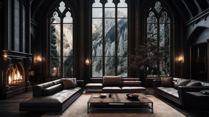 Dark Home interior design with big window and furniture's in gothic style, winter season. - obrazy, fototapety, plakaty