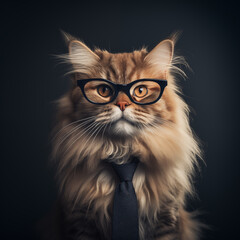 Fluffy cat wearing glasses and a tie