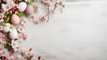  Easter Elegance Unveiled Decorative Background with Flowers, Empty Spaces, and Eggs. Genereative AI
