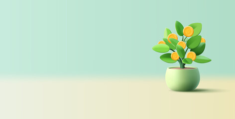 Money tree in a pot. 3D. Realistic image of a plant with leaves and coins. A symbol of increasing financial wealth. Vector