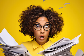 Surprised african american woman in eyeglasses with documents on yellow background