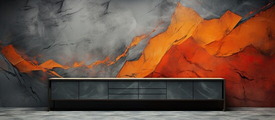 In the abstract, the texture of the natural wall blended with the rugged mountain backdrop, creating a grunge aesthetic with pops of orange and red colors from the metal industry, while the stone and - obrazy, fototapety, plakaty