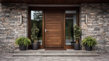 Modern main entrance wooden door with glass, plants on the floor, stone wall, generative AI. - obrazy, fototapety, plakaty