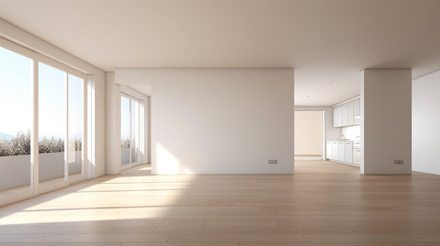 Interior of empty apartment. Empty room with whitewashed floating laminate flooring. generative ai