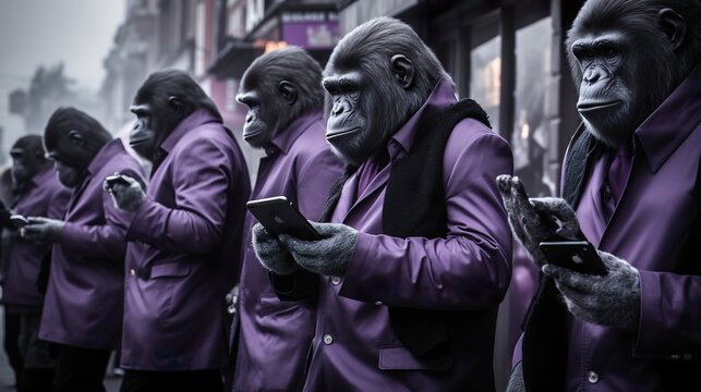 Fototapeta A group of cool monkeys in purple clothe stands on a street busy and holding in their hands mobile phones,purple monochrome photo..