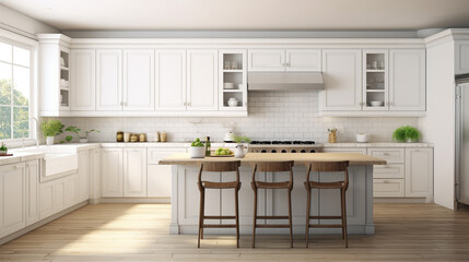 Kitchen with white cabinetry. bright, spacious and modern farmhouse style kitchen. generative ai