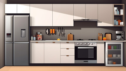Modern kitchen with fridge, oven and cooking utensils. Modern apartment big kitchen. generative ai
