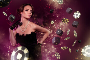 Abstract metaphor collage of glamorous luxurious lady vip client in casino club playing poker with...