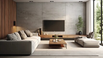 Living room with large TV on concrete wall, wall elements lined with wooden panels, gray sofa, modern interior