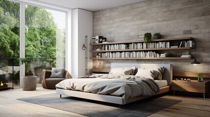 Scandinavian style guest room, large bed in the bedroom, glass wall