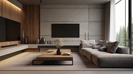 Fototapeta premium Living room with large TV on concrete wall, wall elements lined with wooden panels, gray sofa, modern interior