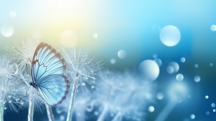 Natural morning background. Morpho butterfly and dandelion. Seeds of dandelion flower generative ai