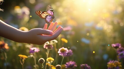 A child's hand reaching out to touch a colorful butterfly resting on a vibrant wildflower in a sunlit meadow, capturing a moment of pure belonging.