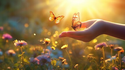A child's hand reaching out to touch a colorful butterfly resting on a vibrant wildflower in a sunlit meadow, capturing a moment of pure belonging.