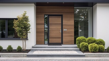 Modern main entrance wooden door with glass on the side, plants on the floor, stone wall. - obrazy, fototapety, plakaty