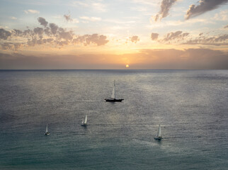 Aerial view of sailboats with white sails at sunset, Canary Island
